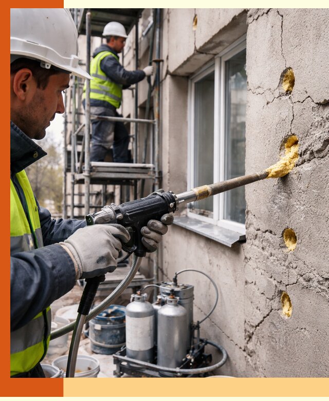 Заполнение пустот в фасаде и утепление стен в Серове